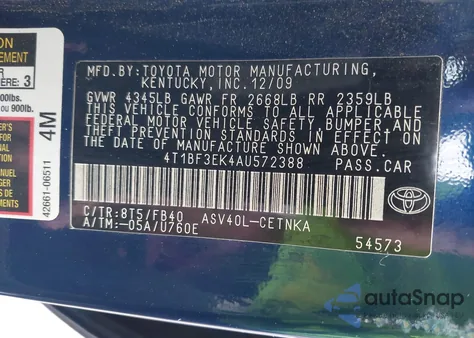 2010 Toyota Camry из США, поврежденный, VIN 4T1BF3EK4AU572388